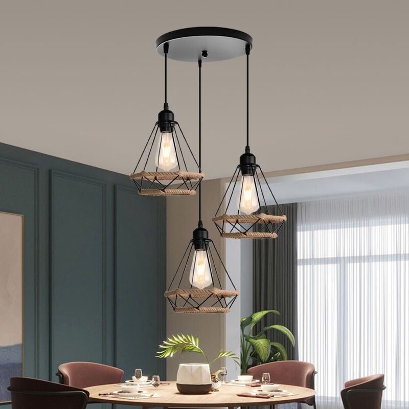 foto del prodotto lampada a sospensione, 3 luci vintage lampada da soffitto in corda di canapa, plafoniere con 20cm gabbia di diamante nero 