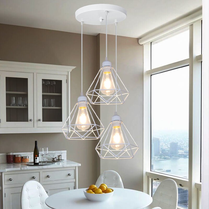 foto del prodotto lampada a sospensione, 3 luci vintage lampada da soffitto in metallo, plafoniere con 20cm gabbia di diamante bianco 
