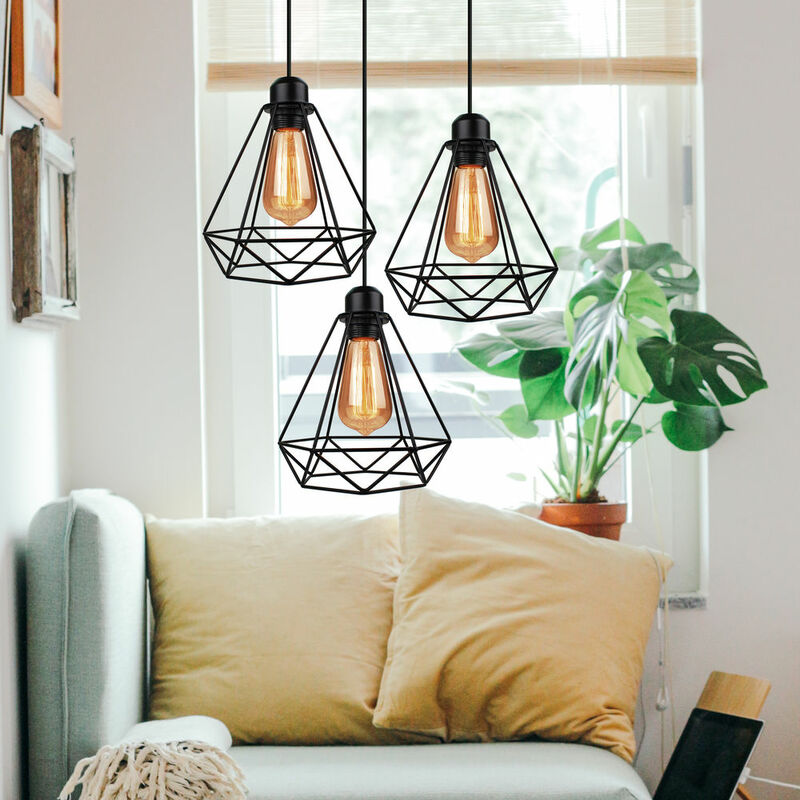 foto del prodotto lampada a sospensione, 3 luci vintage lampada da soffitto in metallo, plafoniere con 20cm gabbia di diamante nero 