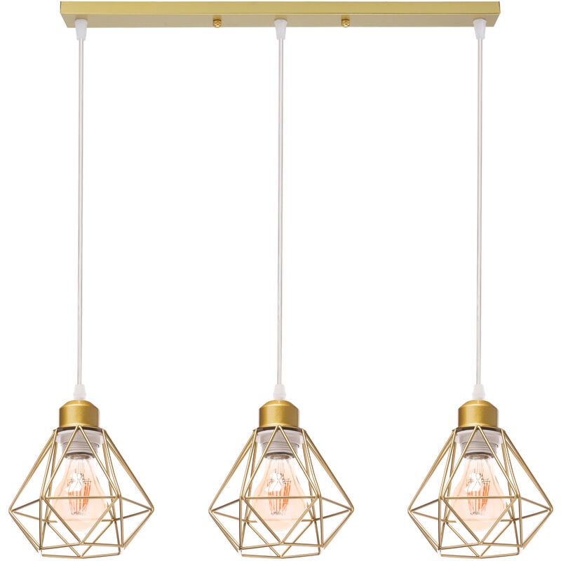 foto del prodotto lampada a sospensione, 3 luci vintage plafoniera a sospensione con e27 attacco, illuminazione con 16cm mini diamante gabbia per soggiorno sala da