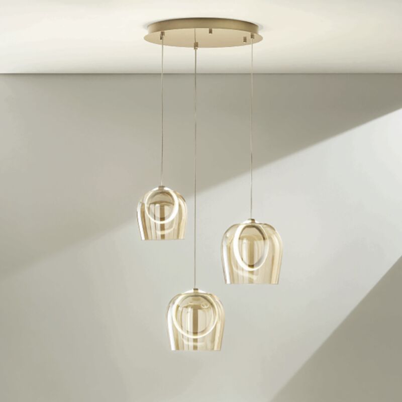 foto del prodotto lampada a sospensione 35 cm in metallo oro e vetri ambra 3 luci a led pinta