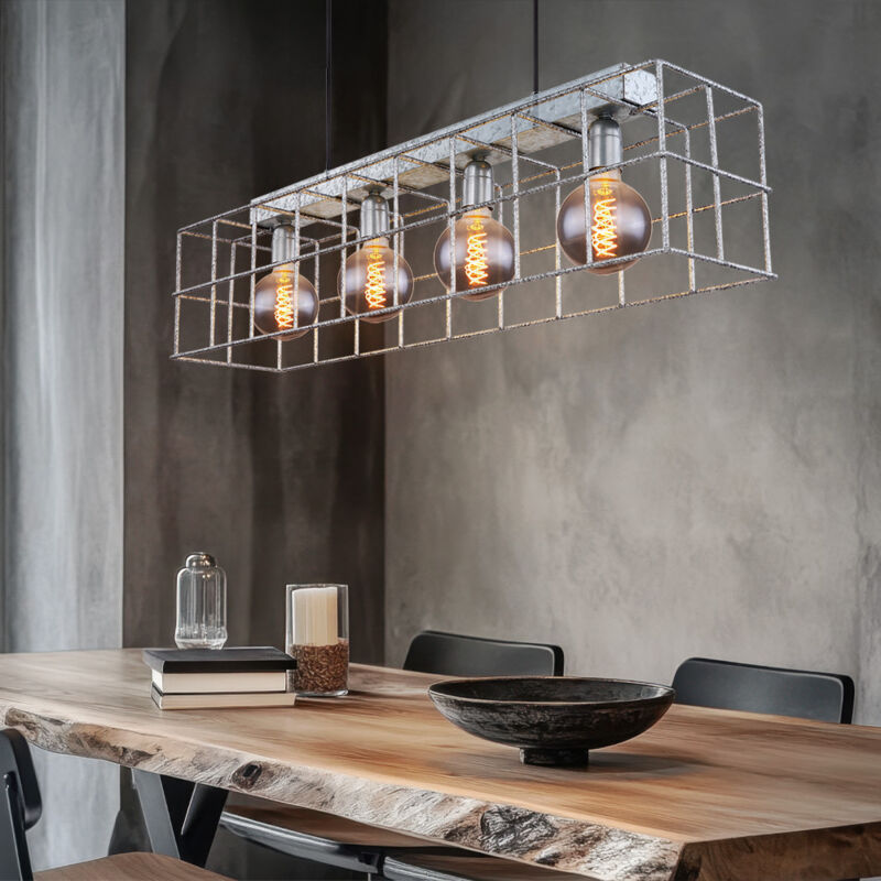 foto del prodotto lampada a sospensione 4 fiamme a sospensione soggiorno lampada a sospensione industriale e27, griglia metallica color zinco, 4x prese e27, lxlxh