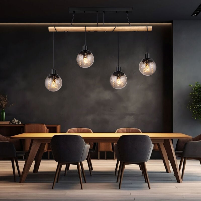 foto del prodotto lampada a sospensione 4 fiamme lampada a sospensione tavolo da pranzo lampada in legno lampada da soggiorno in vetro regolabile, metallo plastica,
