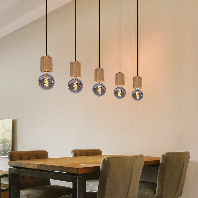 foto del prodotto lampada a sospensione 5 fiamme sala da pranzo effetto legno chiaro lampada a sospensione regolabile in altezza in legno, mdf metallo, 5x attacco e27,