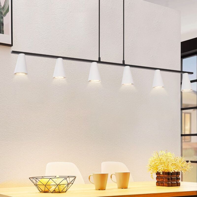 foto del prodotto lampada a sospensione 6 lampadine lampada a sospensione bianca moderna lampada da sala da pranzo nera gu10 lampada a sospensione lunga in metallo