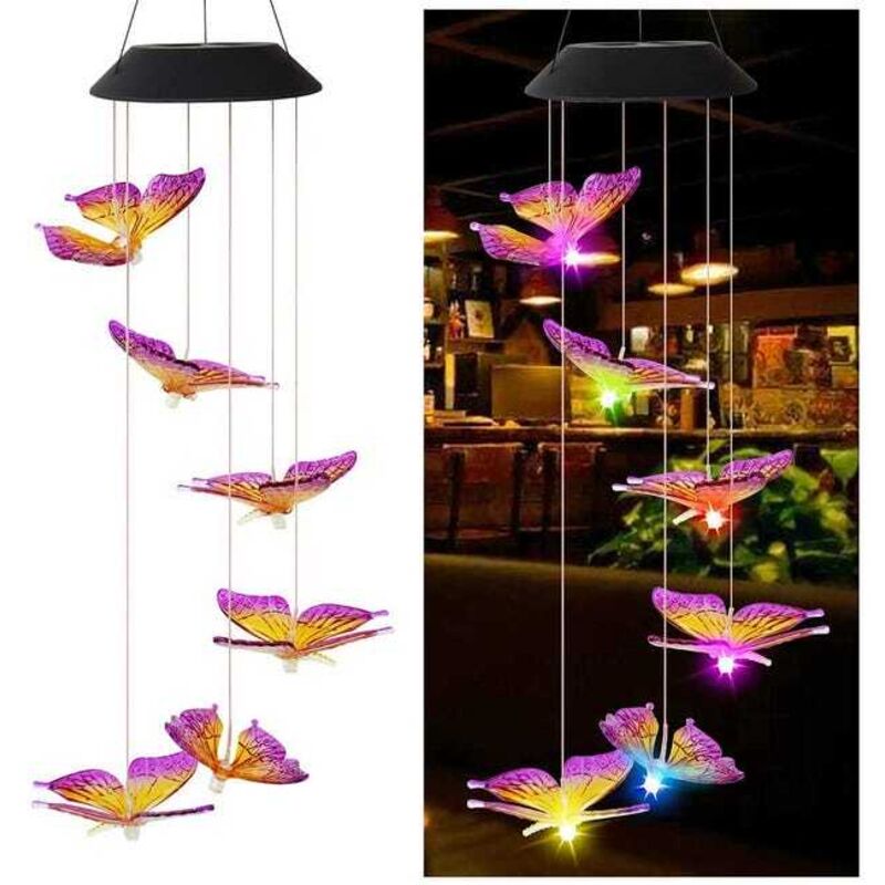 foto del prodotto lampada a sospensione a led con carillon di vento solare a farfalla, impermeabile, per esterni, per la decorazione del giardino