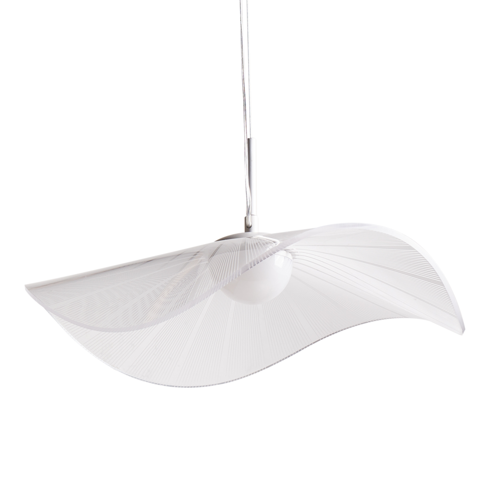 foto del prodotto lampada a sospensione a led in metallo bianco con paralume acrilico aperto per l'illuminazione a sospensione