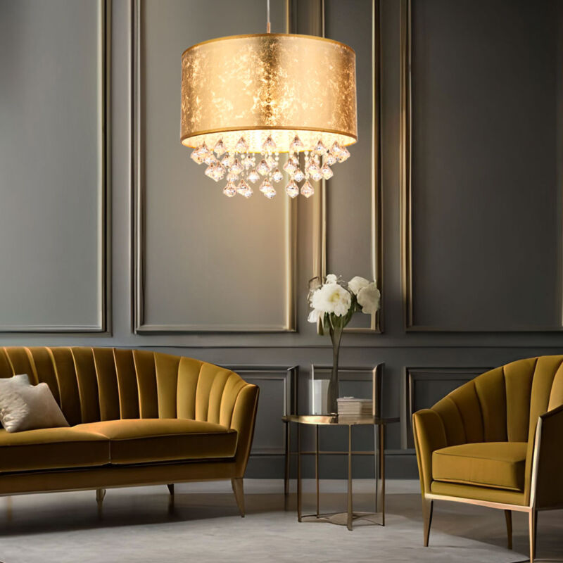 foto del prodotto lampada a sospensione a led in tessuto oro cristalli chiari sala da pranzo soggiorno lampada a sospensione, ottica foglia oro, 9w 810lm bianco caldo,
