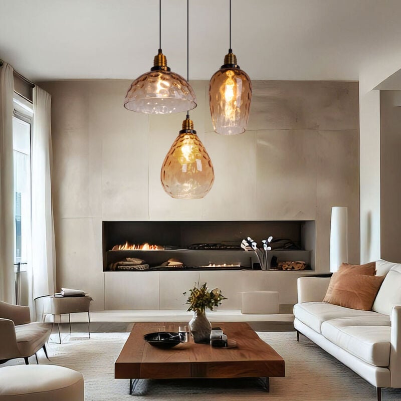foto del prodotto lampada a sospensione a led lampada a sospensione per soggiorno lampada di design lampada da tavolo 3 luci con paralume in vetro, metallo ambra