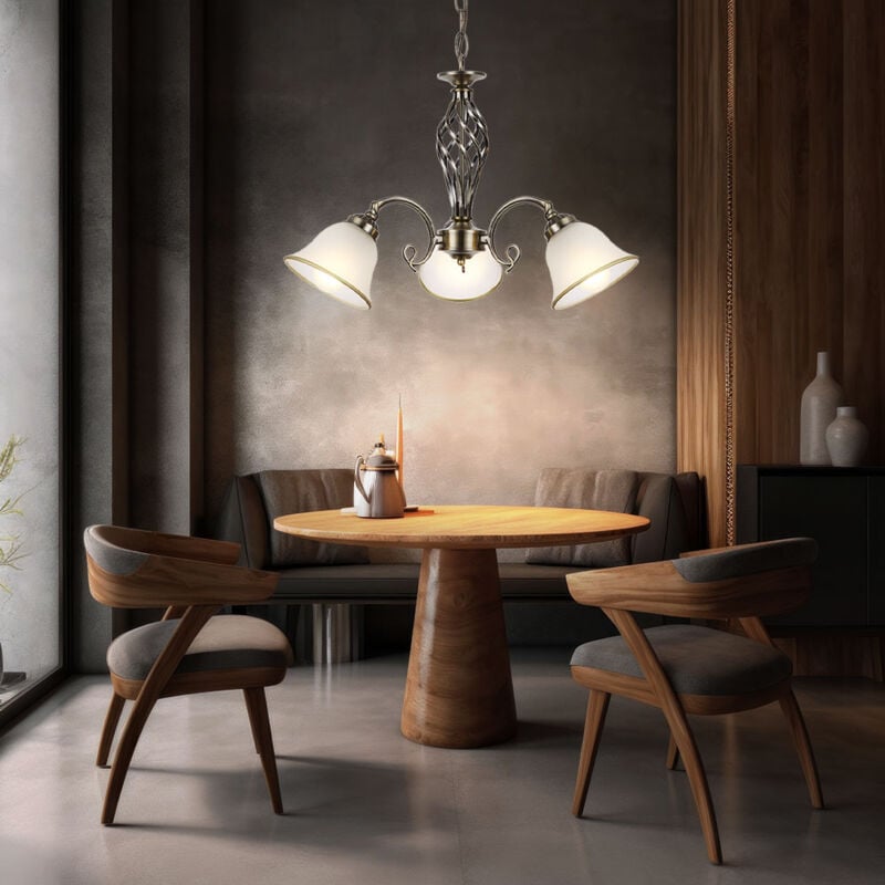 foto del prodotto lampada a sospensione a led lampadario lampadario a sospensione in vetro satinato lampada a sospensione sala da pranzo luce ottone antico, 3x 7w