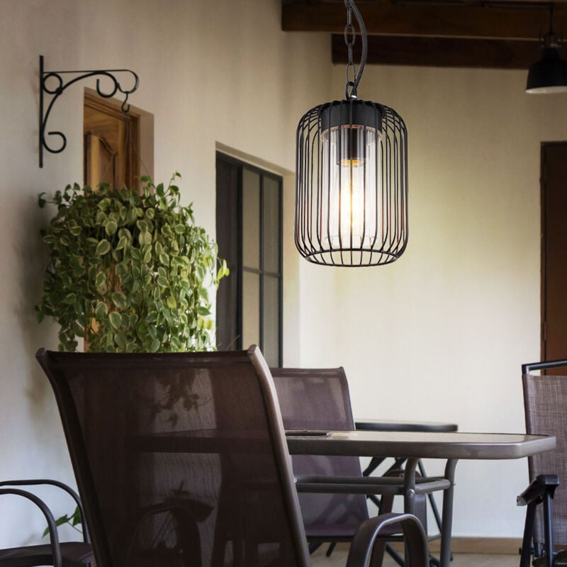 foto del prodotto lampada a sospensione a led per esterni lampada da giardino lampada a sospensione in acciaio inox, aste in metallo nero trasparente, filamento e27