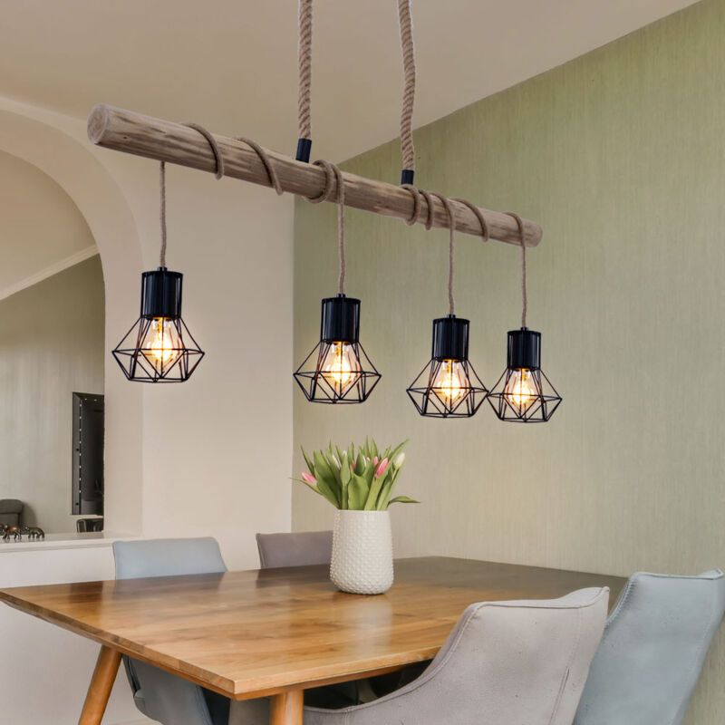 foto del prodotto lampada a sospensione a led trave in legno naturale lampada a sospensione gabbia nera lampada a sospensione in legno, nero, 4x prese e27, 5w 300lm