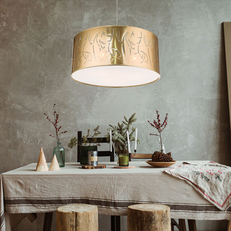 foto del prodotto lampada a sospensione a ombrello lampada a sospensione lampada a sospensione soggiorno, 3 fiamme punzonature decorative nichel oro opaco 1x 3x