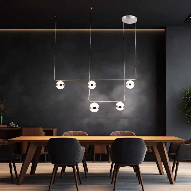 foto del prodotto lampada a sospensione a pendolo a soffitto a led lampada da soggiorno in metallo nichel opaco cromato opale