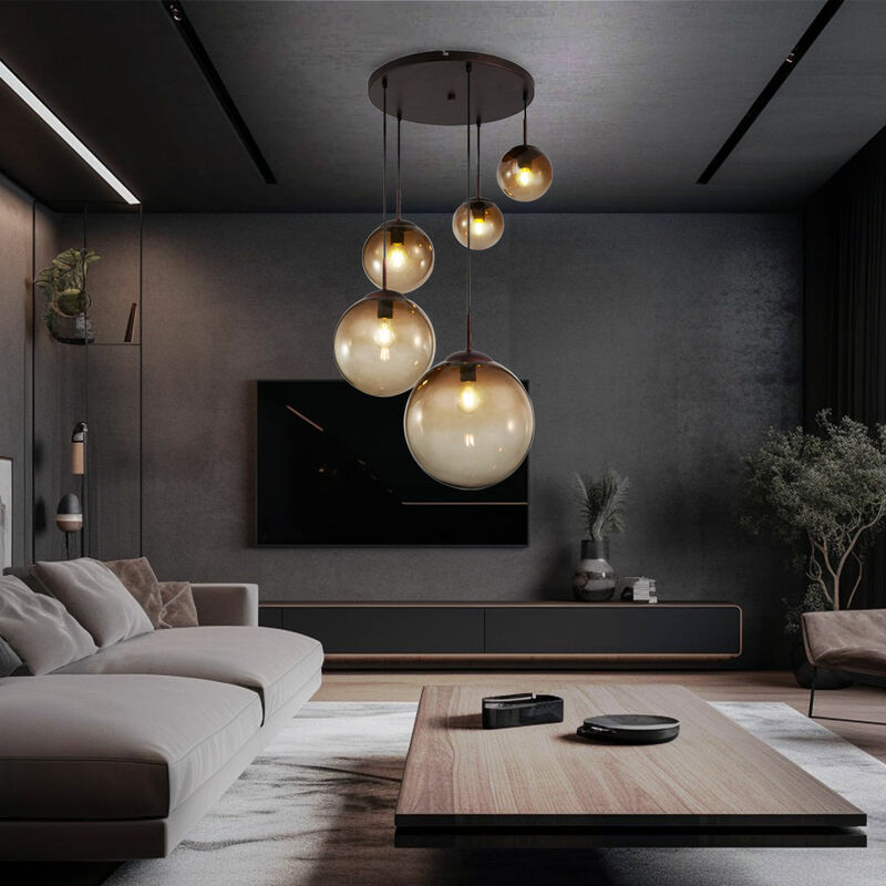 foto del prodotto lampada a sospensione a pendolo con sfera di vetro, lampada da soffitto per sala da pranzo in un set che include lampadine a led