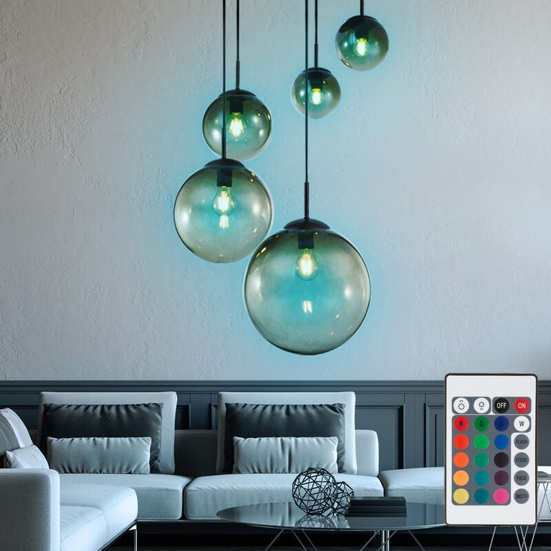 foto del prodotto lampada a sospensione a pendolo con sfera di vetro, lampada per camera degli ospiti telecomando in un set che include lampadine a led rgb