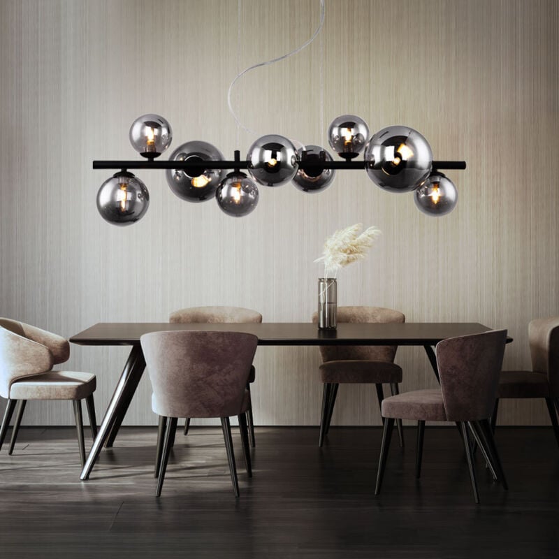 foto del prodotto lampada a sospensione a sfera in vetro lampada a sospensione tavolo da pranzo nera lampada da soggiorno a sospensione moderna, 9 lampadine con vetro