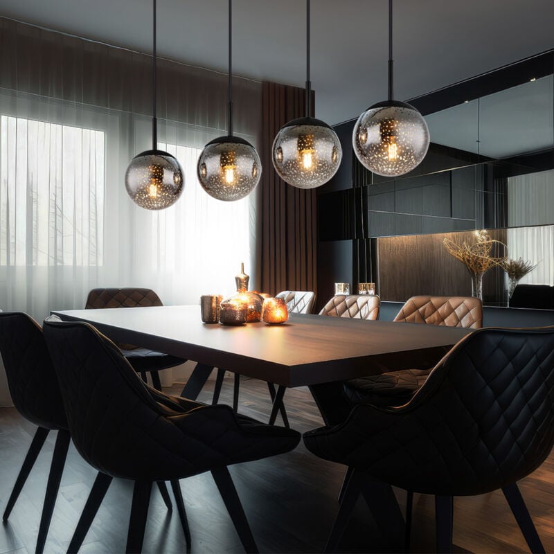 foto del prodotto lampada a sospensione a sfera nera, lampada a sospensione tavolo da pranzo in vetro fum , lampada a sospensione in vetro retr , effetto stella, 4x