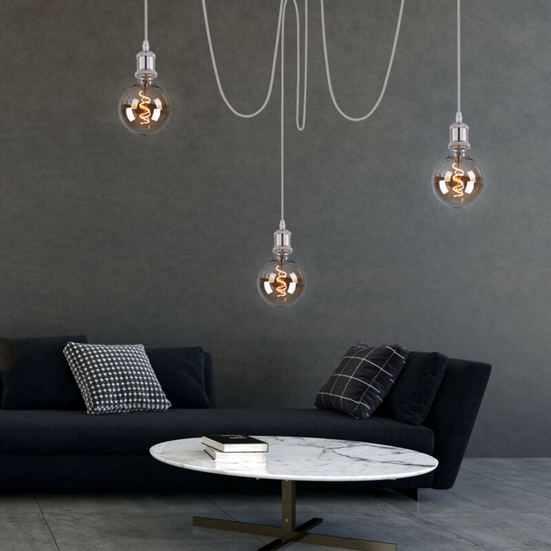 foto del prodotto lampada a sospensione a soffitto a pendolo apparecchio in acciaio opaco cavo tessile illuminazione soggiorno