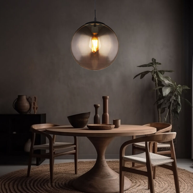 foto del prodotto lampada a sospensione a soffitto con design a palla filamento fumo lampada da soggiorno in vetro nero opaco in un set che include lampadine a led