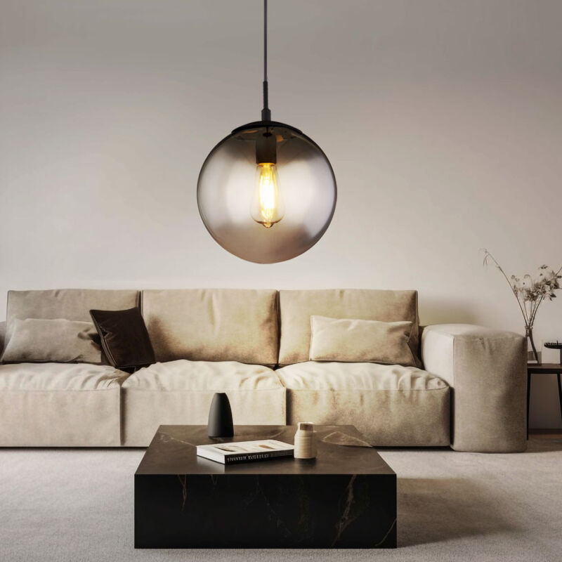 foto del prodotto lampada a sospensione a soffitto con sfera di vetro, lampada da tavolo da pranzo, soggiorno, lampada a sospensione con sfera di vetro fum , 1x e27,