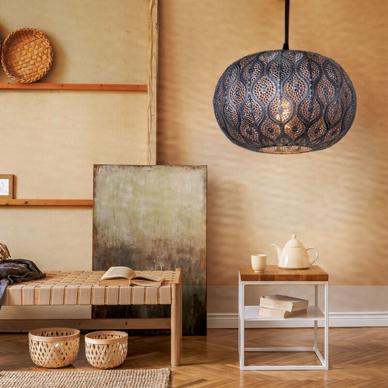 foto del prodotto lampada a sospensione a soffitto in design orientale lampada a sospensione con paralume rotondo, nero argento metallizzato, 1x e27, dmxh 30x120 cm,