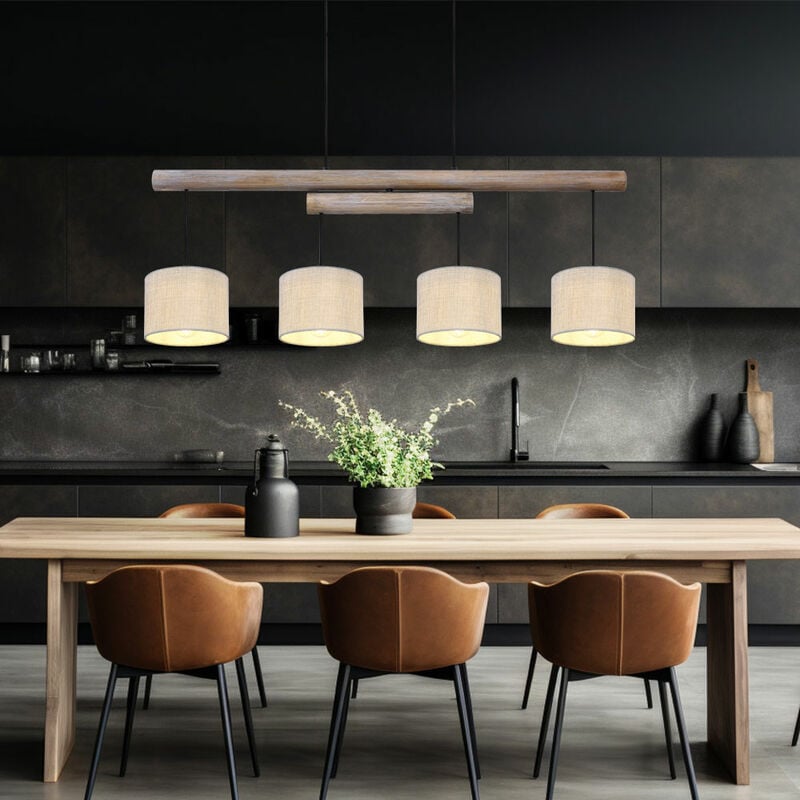 foto del prodotto lampada a sospensione a soffitto regolabile in altezza per sala da pranzo, travi in legno rustico, paralumi in tessuto grigio, metallo nero, lxlxa