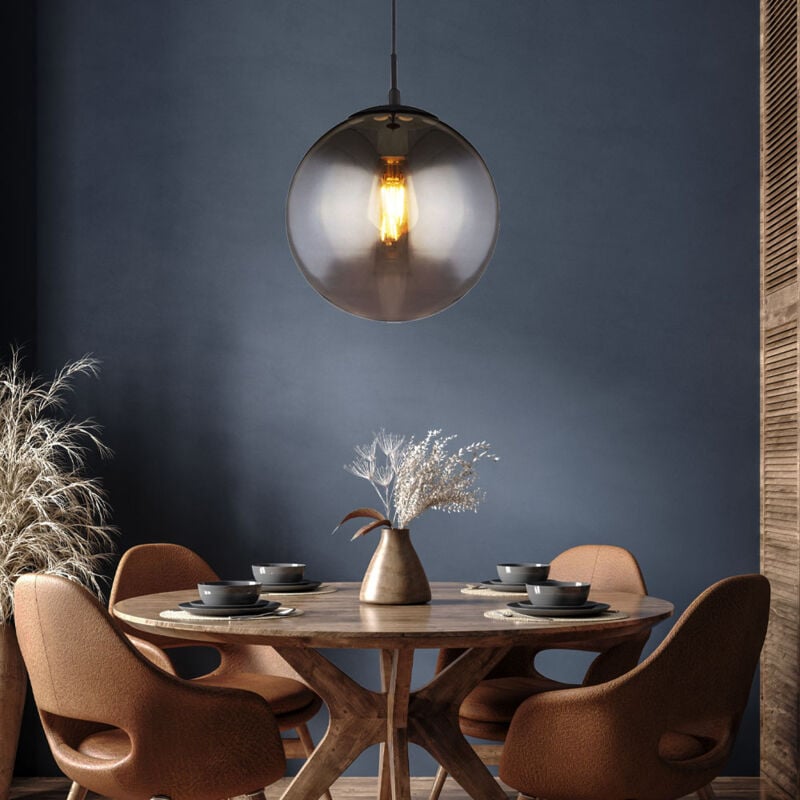 foto del prodotto lampada a sospensione a soffitto sfera di vetro lampada a sospensione sfera di vetro fum sala da pranzo, metallo nero opaco, 1x attacco e27, dxh