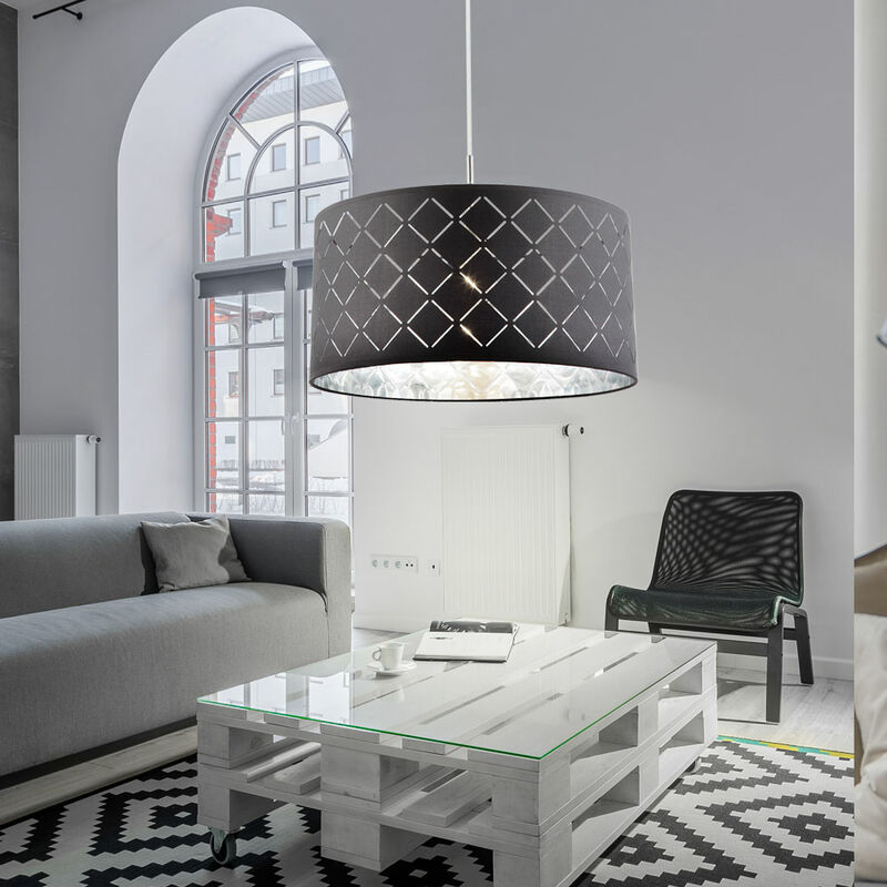 foto del prodotto lampada a sospensione a soffitto soggiorno sala da pranzo illuminazione design tessile lampada a sospensione nero argento