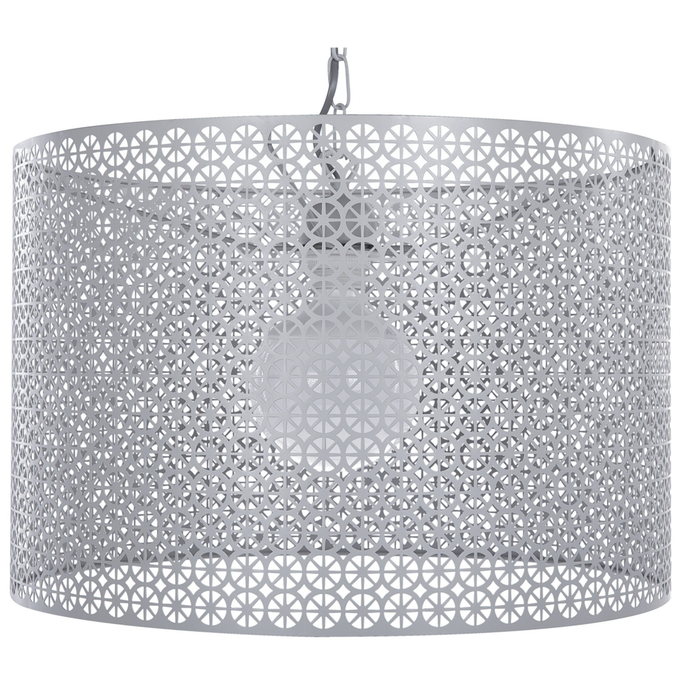 foto del prodotto lampada a sospensione a sospensione a forma di tamburo in metallo grigio con paralume tondo cilindrico novità moderna