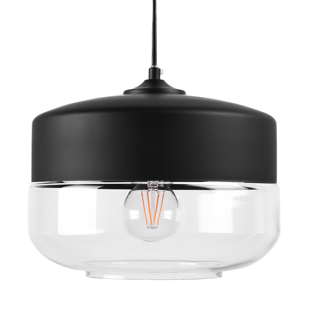 foto del prodotto lampada a sospensione a sospensione con paralume in vetro trasparente nero dal design moderno geometrico rotondo
