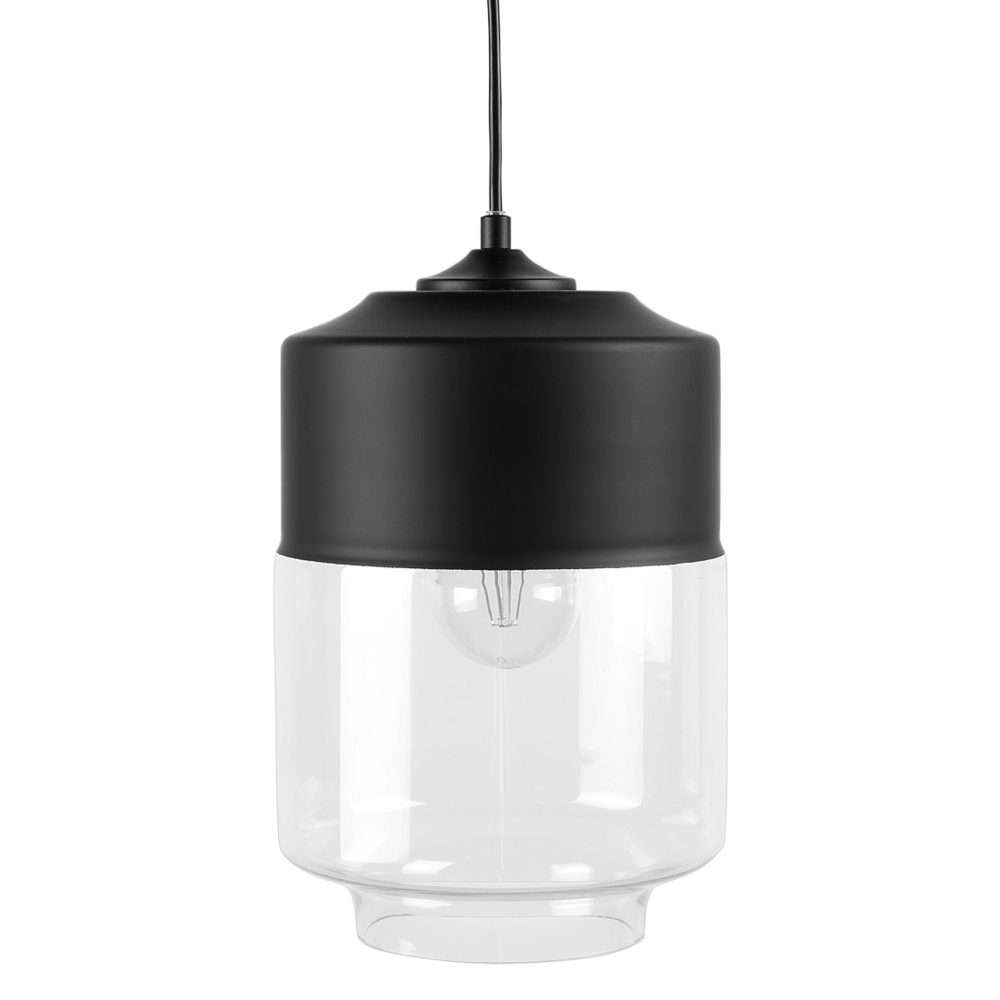 foto del prodotto lampada a sospensione a sospensione con paralume in vetro trasparente nero dal design moderno geometrico rotondo