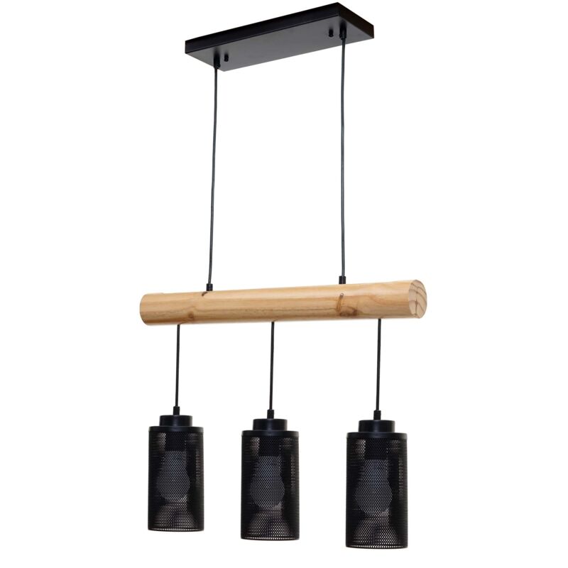 foto del prodotto lampada a sospensione a sospensione dal design industriale in legno massello nero 3 paralumi 040003602