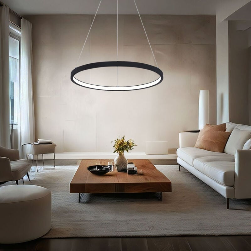 foto del prodotto lampada a sospensione anello luminoso a sospensione rotondo lampade led soggiorno sospeso moderno, in metallo nero opaco opale, 1x led 19w 800lm