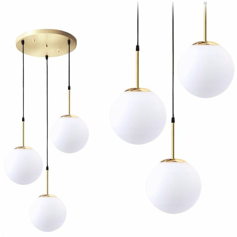 foto del prodotto lampada a sospensione app656 3cpr vetro sfera oro 3 punti luce e27 20x48x40 130cm regolabile