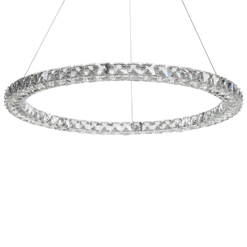 foto del prodotto lampada a sospensione argento cristallo vetro acciaio luci led integrate anello forma rotonda appeso illuminazione glamour moderna