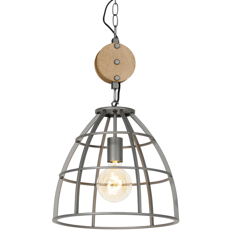 foto del prodotto lampada a sospensione arthur industriale legno,acciaio marrone grigio scuro tondo max. 1 x watt qazqa