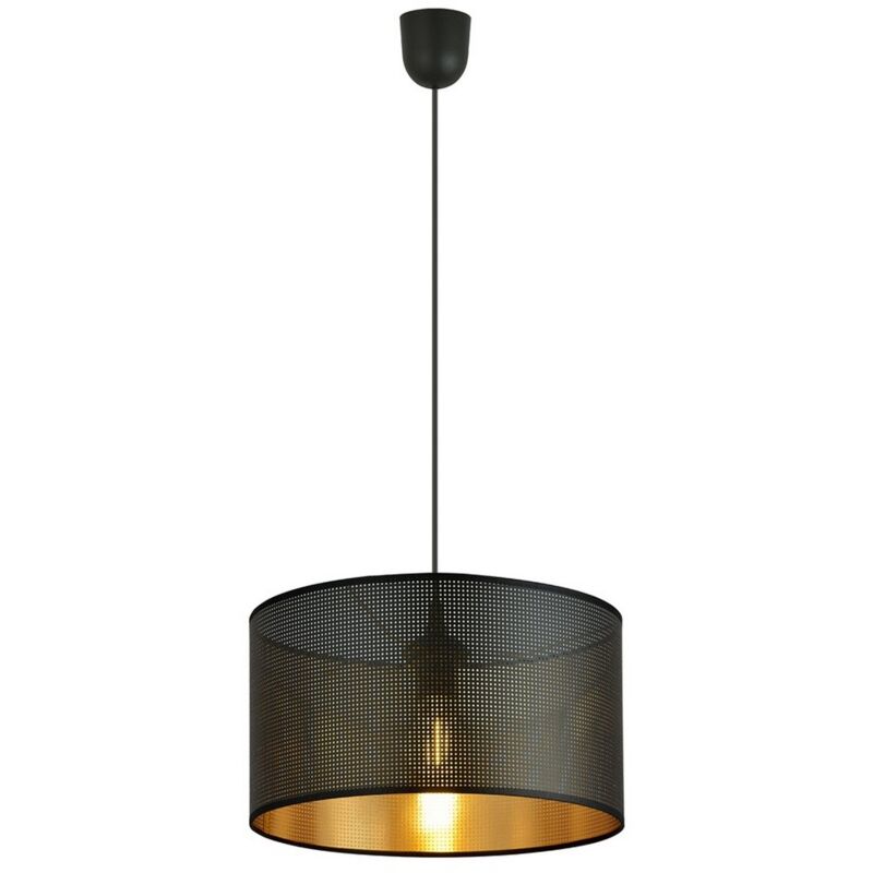 foto del prodotto lampada a sospensione aston, acciaio verniciato a polvere, tessuto, nero, oro, 35x100x35 cm