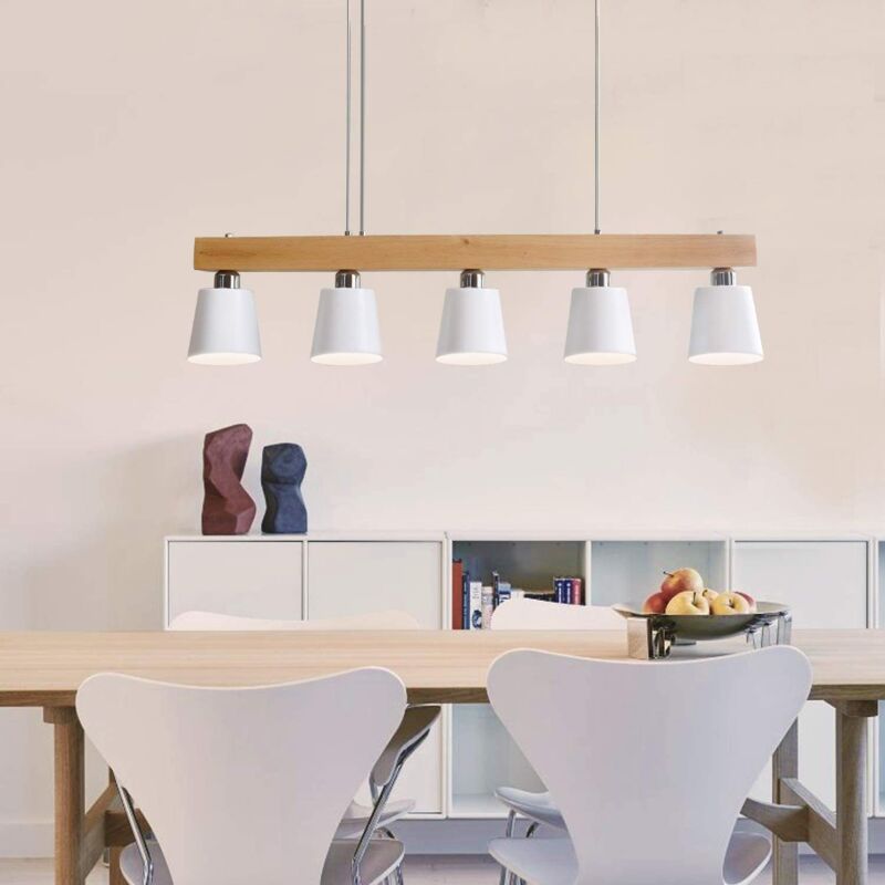 foto del prodotto lampada a sospensione bianca lampada a sospensione moderna in legno e27 cucina 5 lampadine lampada a sospensione per sala da pranzo per corridoio