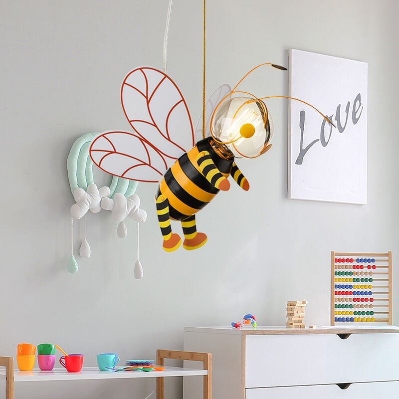 foto del prodotto lampada a sospensione camera dei bambini ape led camera da letto ragazzi ragazze, nero giallo, led 7w 700lm 2700k bianco caldo, lxlxa 36x25x120 cm