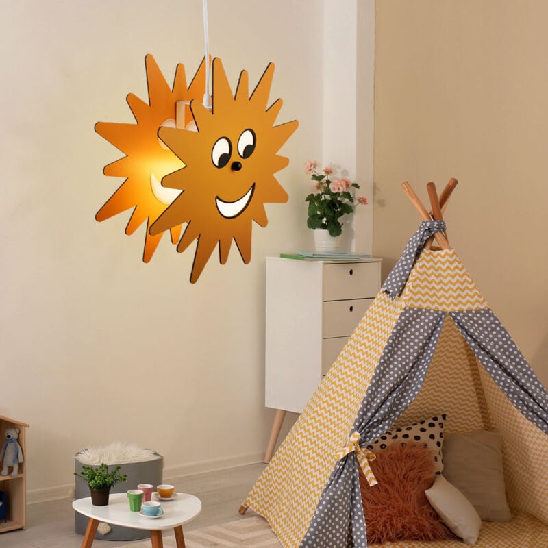 foto del prodotto lampada a sospensione camera dei bambini lampada a sospensione sole lampada a sospensione per bambini sole, legno giallo, 1x led 11w 1055w bianco