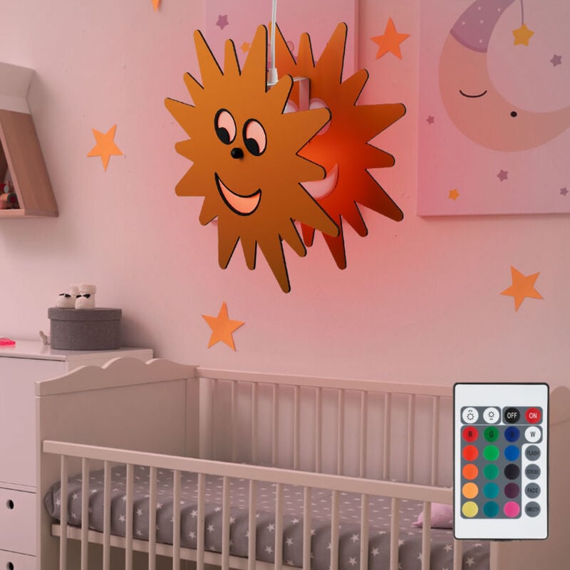 foto del prodotto lampada a sospensione camera dei bambini lampada a sospensione sole lampada a sospensione per bambini sole, telecomando dimmerabile, legno giallo, 1x
