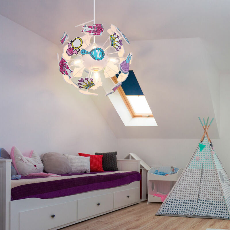foto del prodotto lampada a sospensione camera dei bambini luce a sospensione castello camera dei bambini ragazza, plastica, 4x prese e14, dxh 35 x 120