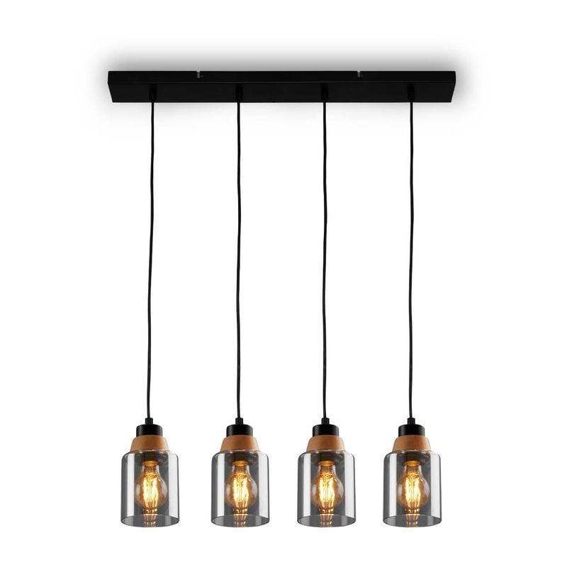 foto del prodotto lampada a sospensione, con legno, vetro fum , 4xe27 max.
