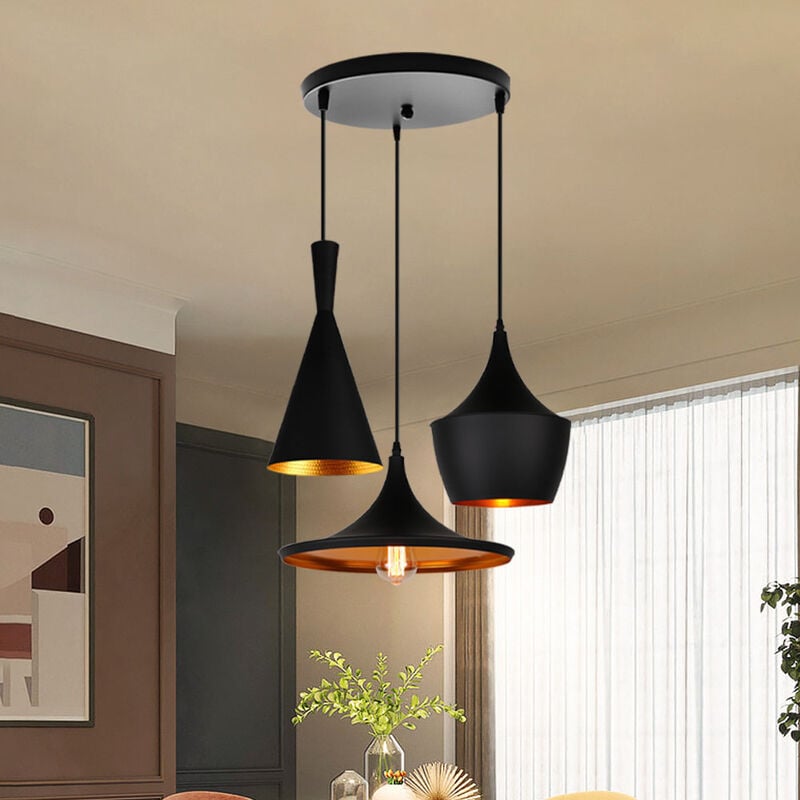foto del prodotto lampada a sospensione con paralume in metallo vintage stile moderno illuminazione 3 luci per soggiorno sala da pranzo nero 