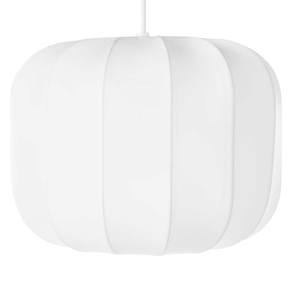 foto del prodotto lampada a sospensione con paralume in nylon bianco design moderno ideale per il soggiorno.