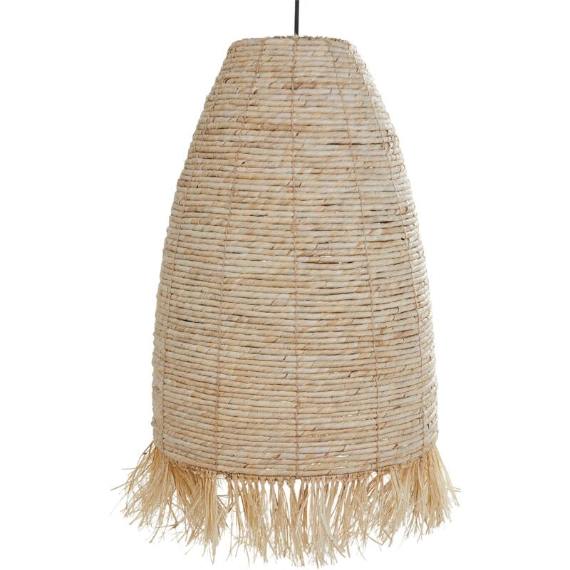 foto del prodotto lampada a sospensione con paralume in paglia di mais base in ferro nappe in paglia in stile boho tutong naturale.