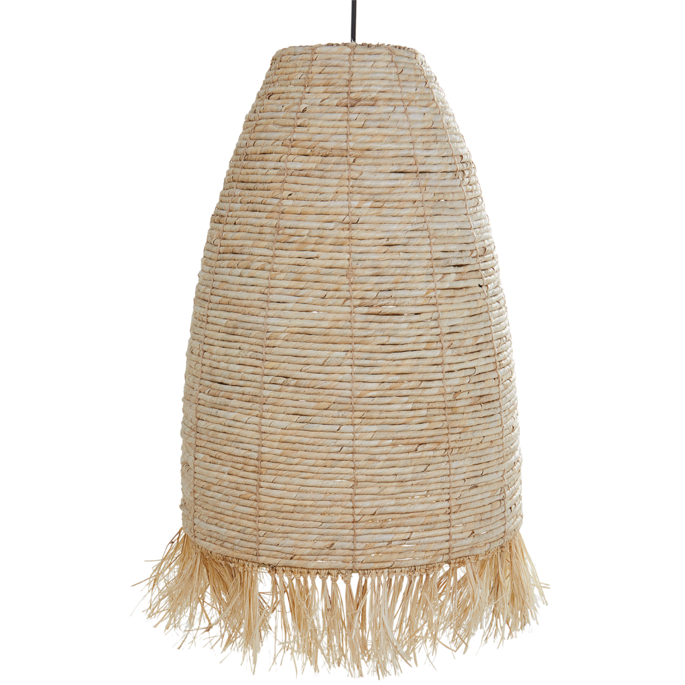 foto del prodotto lampada a sospensione con paralume in paglia di mais naturale e base in ferro nero lampada a sospensione in stile boh mien
