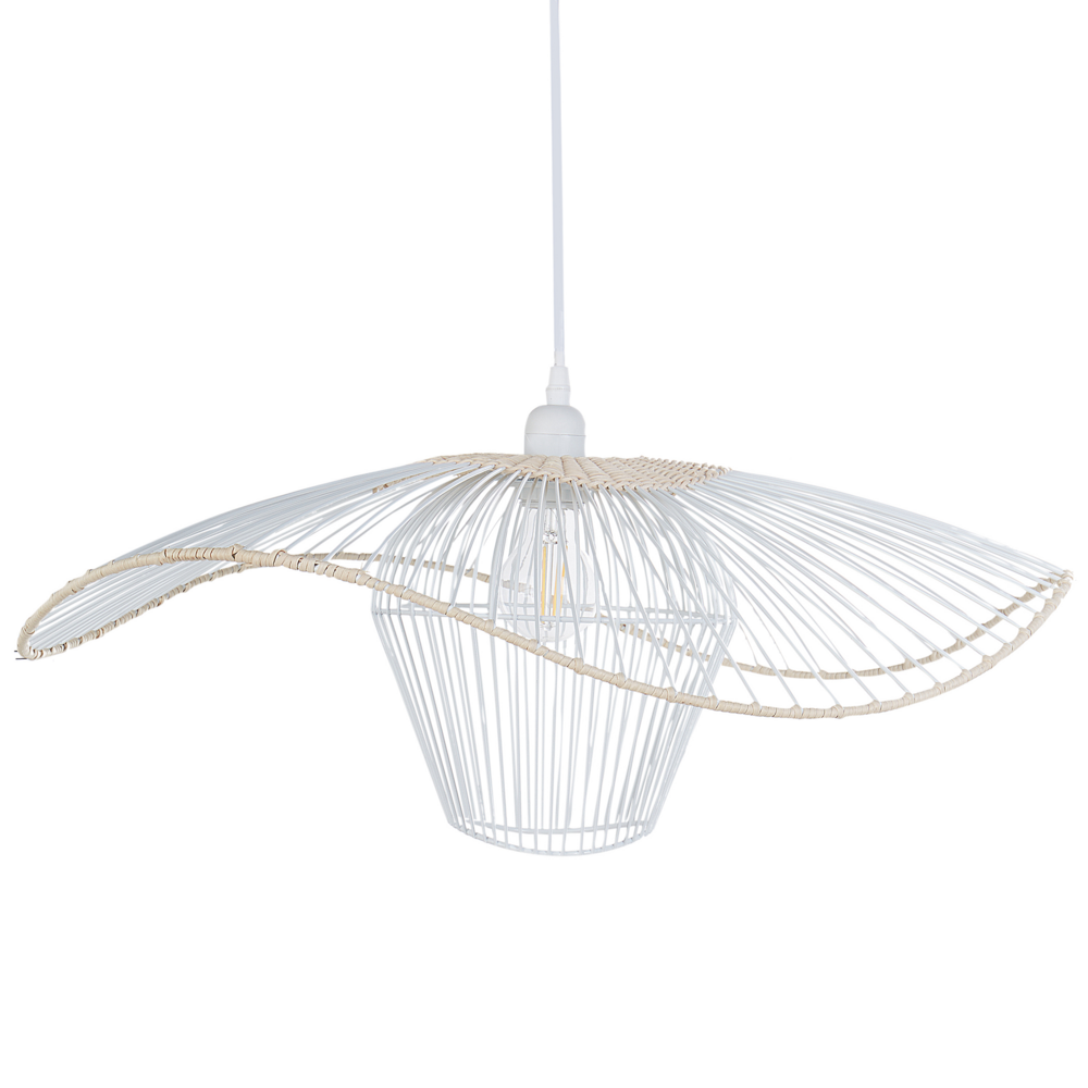 foto del prodotto lampada a sospensione con paralume in rattan e metallo bianco soggiorno camera da letto