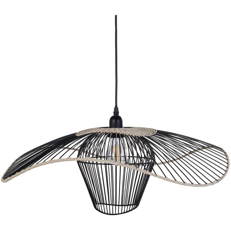 foto del prodotto lampada a sospensione con paralume in rattan e metallo nero lunga